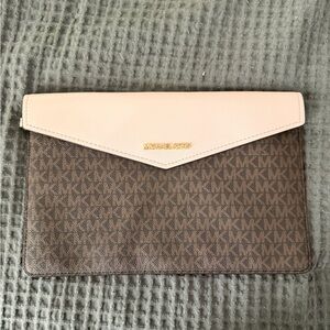 Michael Kors Pale Pink & Brown MK Monogram Envelope Clutch
